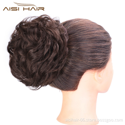 Aisi Hair Dark Brown Brazilian Human Hair Curly Chignon Bun Elastic Rope Rubber Band Hairpiece Clip In Extension For Women